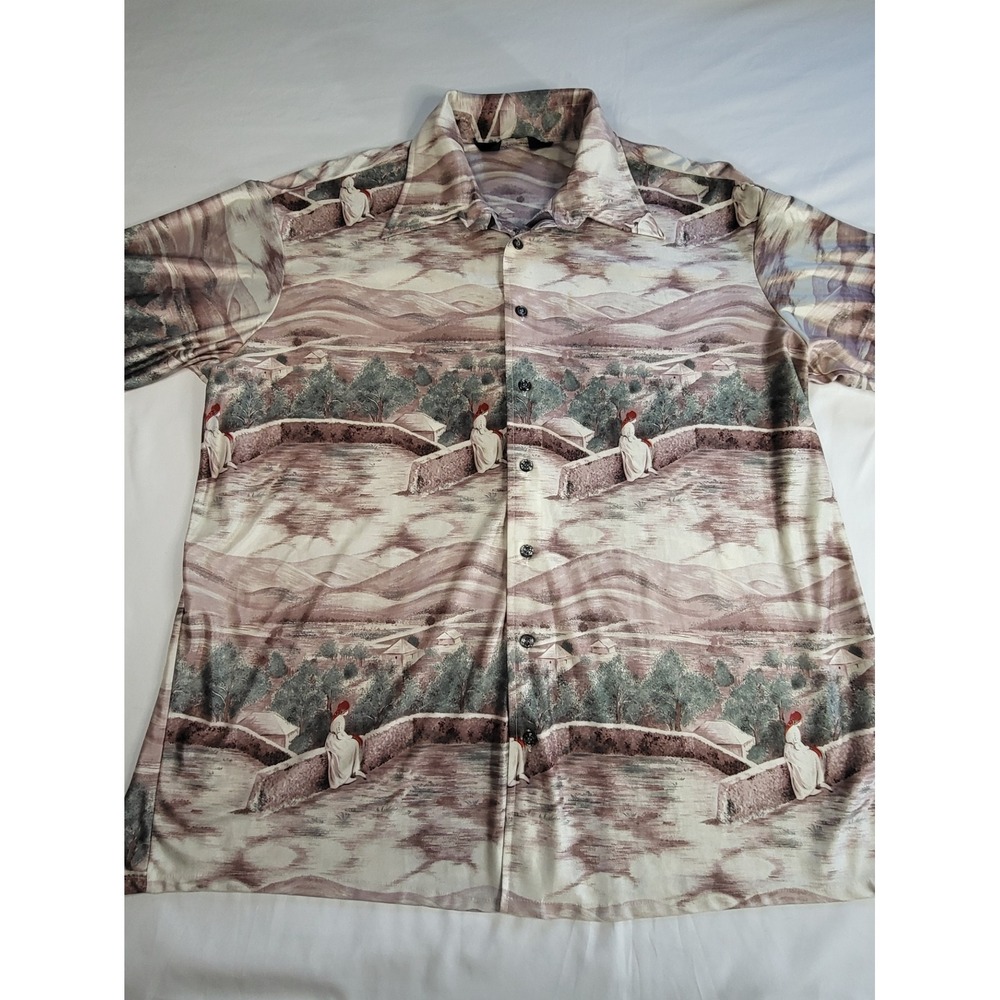 Manhattan At Ease Mens Scenic Print Button Down Shirt 3/4 Sleeve Brown Tan L